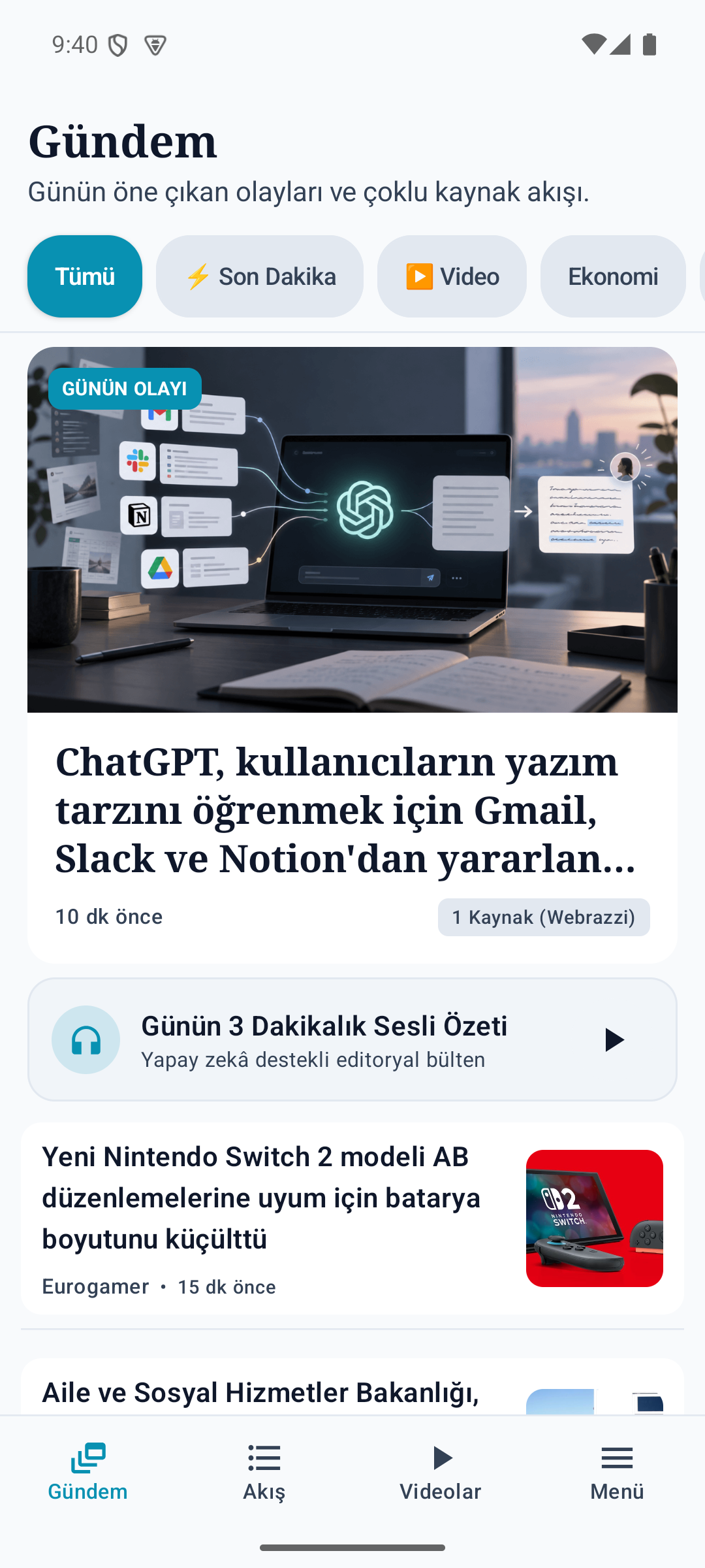 GündemAI ana ekranda 16:9 manşet ve sesli özet çubuğu
